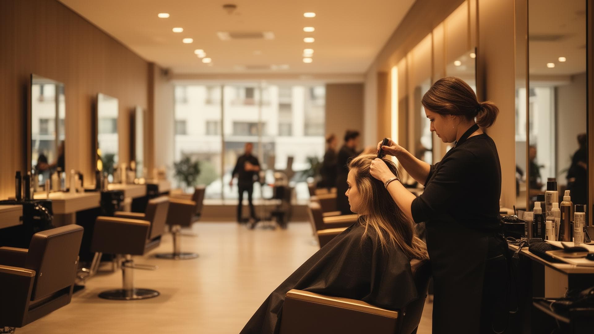 Hairdresser styling client in modern salon